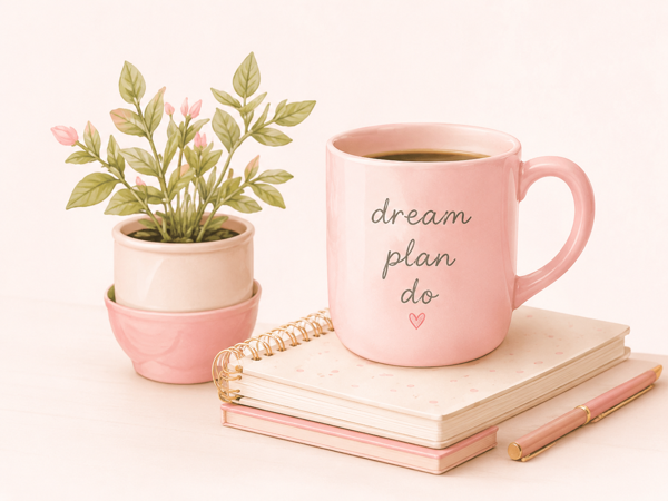 "dream plan do" pink mug on stacked notebooks with a pink potted plant