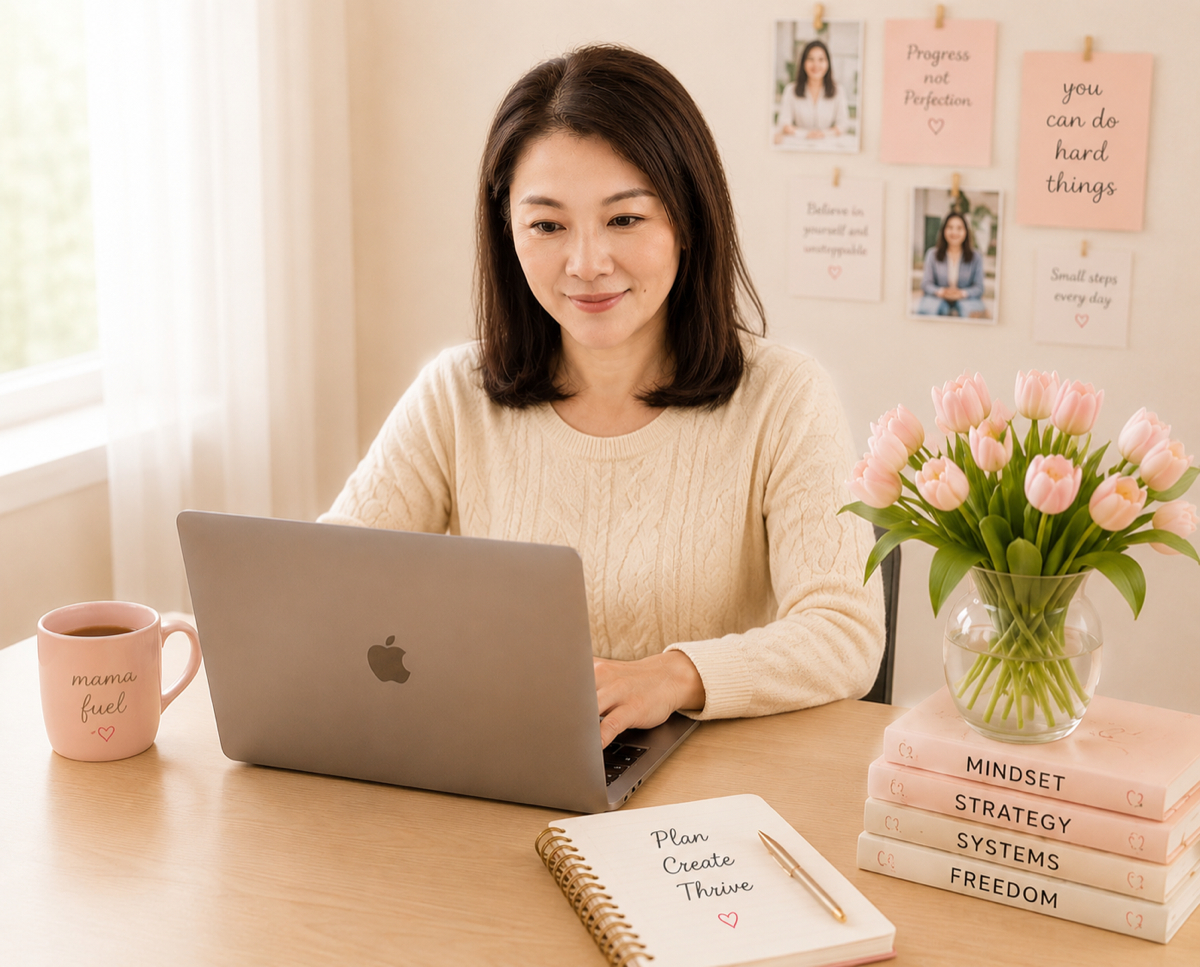 Vega at desk with laptop, mama fuel mug, pink tulips, MINDSET STRATEGY SYSTEMS FREEDOM books, and an affirmation board behind her