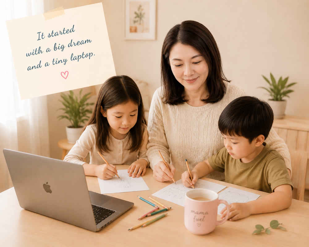 Vega drawing with two kids at a table — "It started with a big dream and a tiny laptop"
