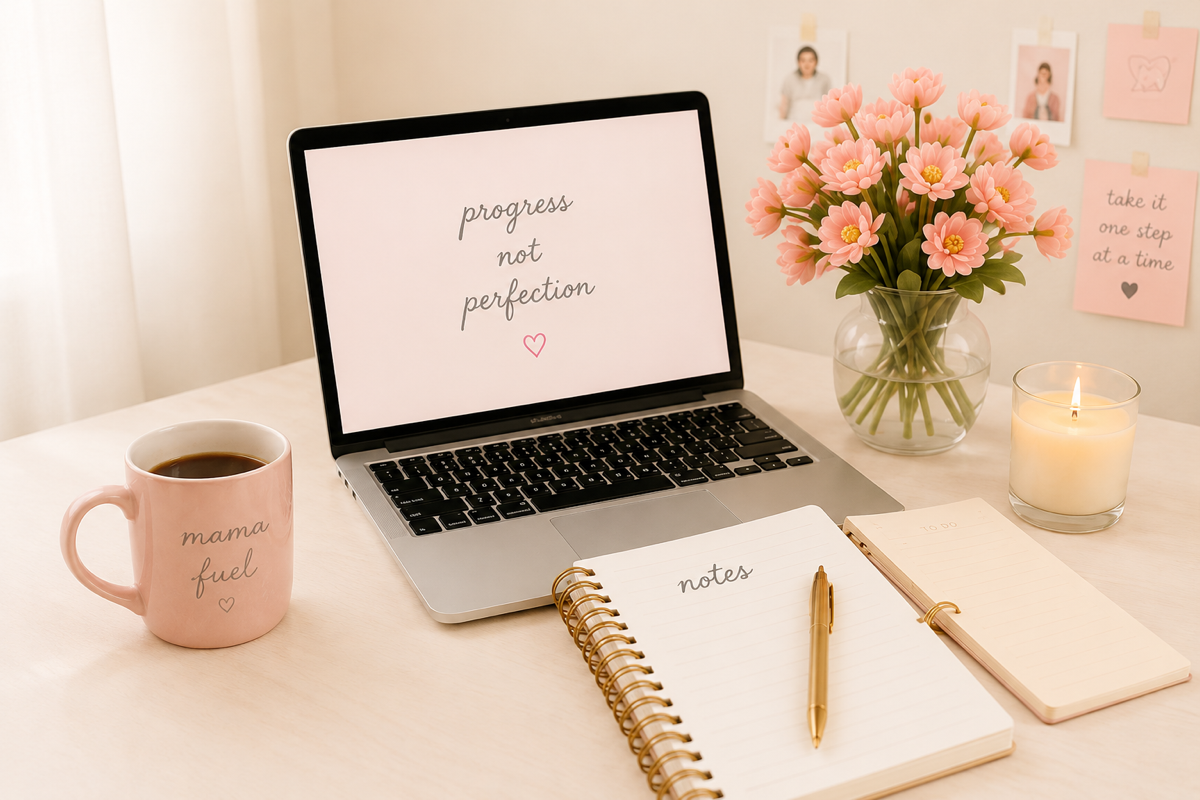 Laptop showing "progress not perfection", mama fuel mug, pink tulips, and notes journal