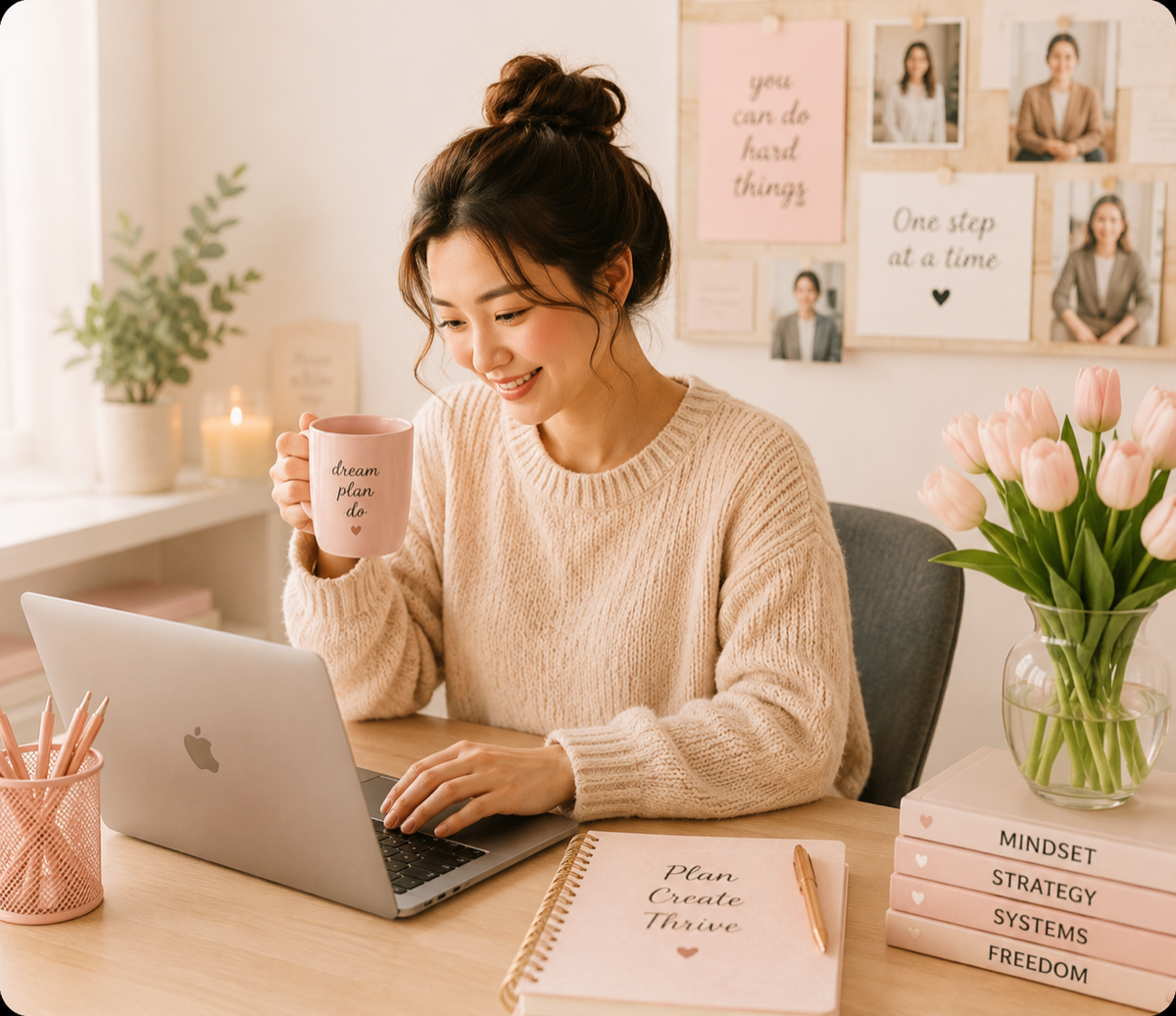 Vega holding dream plan do mug, sitting at desk with laptop, pink tulips, and inspiring affirmation board