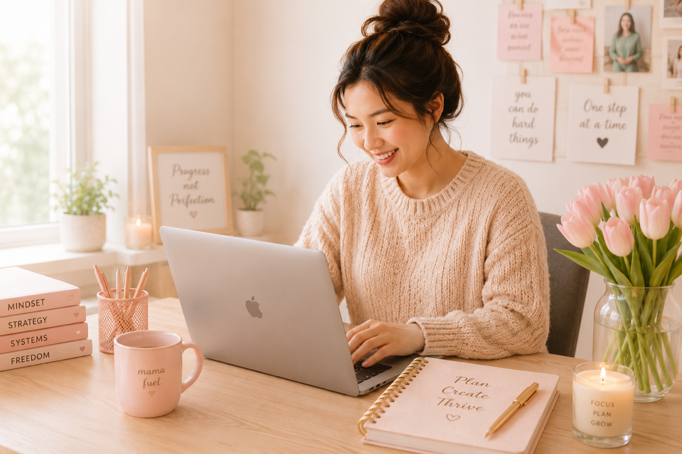 Mom at desk with laptop, MINDSET STRATEGY SYSTEMS books, mama fuel mug, pink tulips, and Plan Create Thrive notebook
