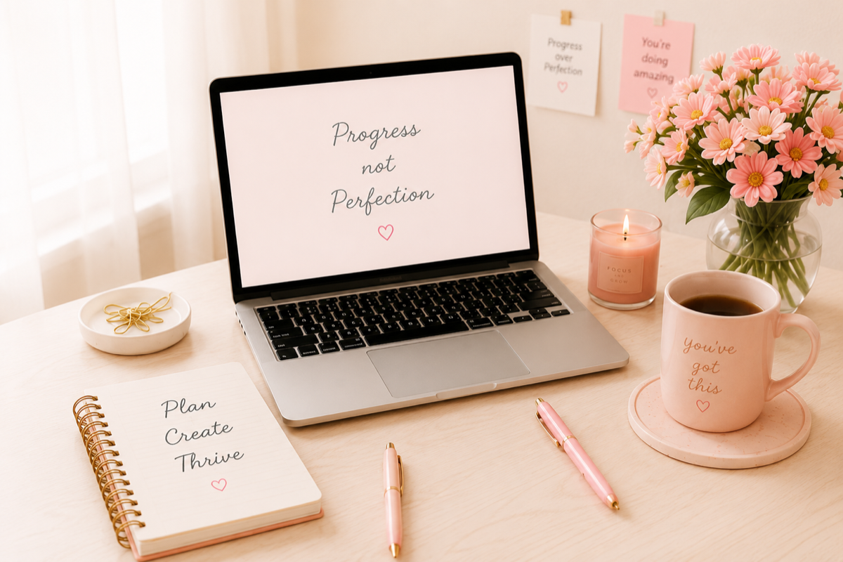 Laptop displaying "Progress not Perfection", "Plan Create Thrive" notebook, candle, pink pens, coffee mug, and pink daisies