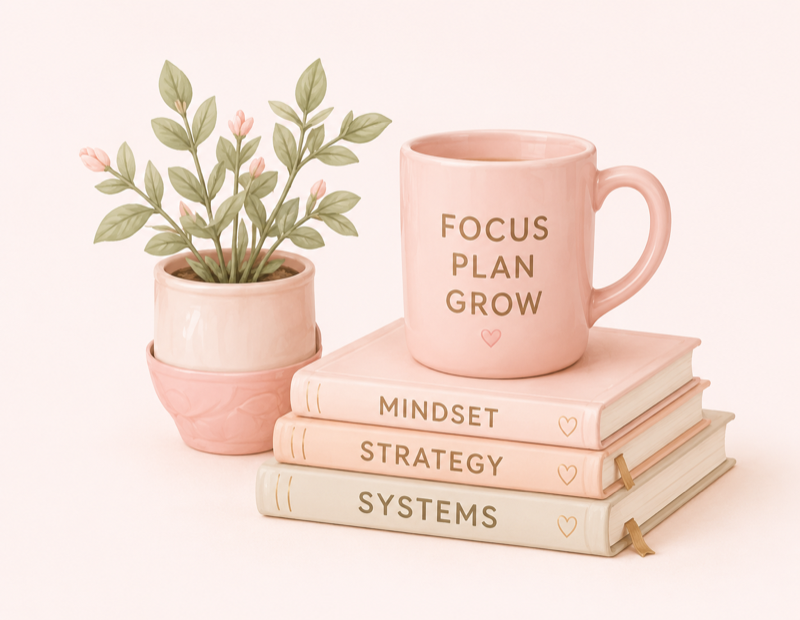 "FOCUS PLAN GROW" mug on stacked MINDSET / STRATEGY / SYSTEMS books with a pink potted plant